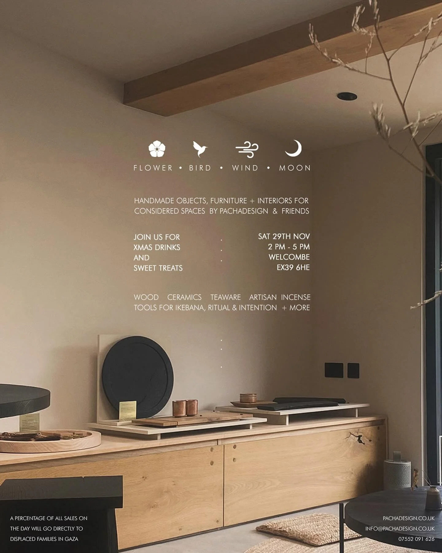 We would love you to join us at our showroom, flower bird wind moon, Saturday 29th November for a festive celebration. Come share complimentary Xmas drinks and sweet treats with us from 2pm - 5pm. 
Everyone is welcome. If you haven&rsquo;t visited us