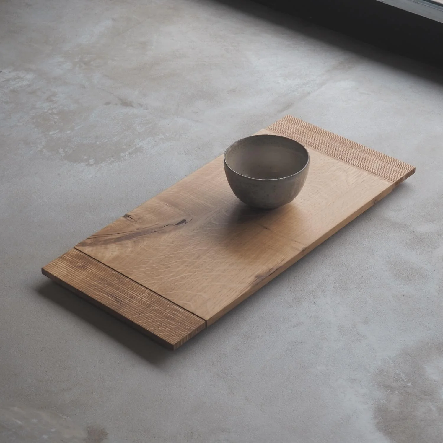Oak Tray with Sawn Texture 3 - available from our online shop. Large sculptural tray in English Oak, with beautiful movement in the grain, lovely medullary rays and a stunning scar.
Designed with a slight elevation to lift your tray and finished with