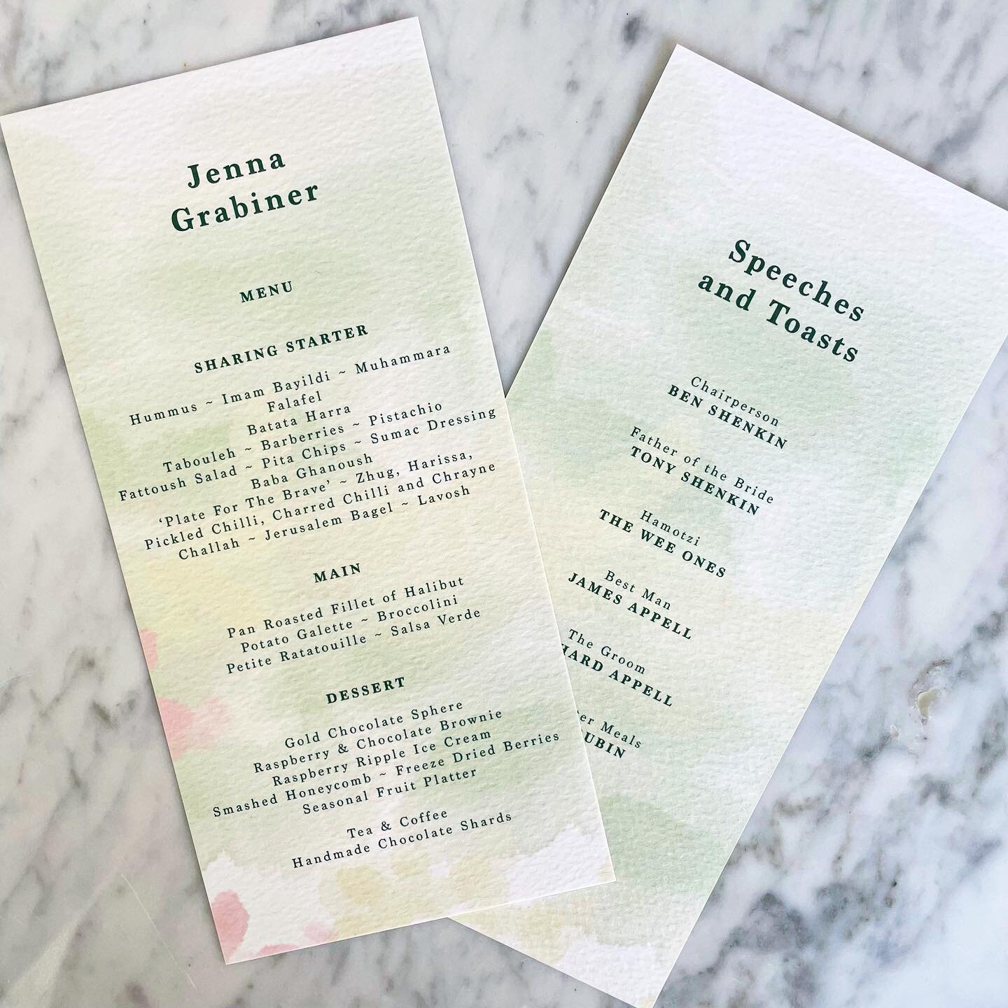 Our signature watercolour style looking beaut on these double sided menu &amp; speech cards 🎨
.
.
.
#weddingstationery #watercolourstationery #weddingmenu #speeches #weddingspeech #proudlyprinted #personalisation #livandluc