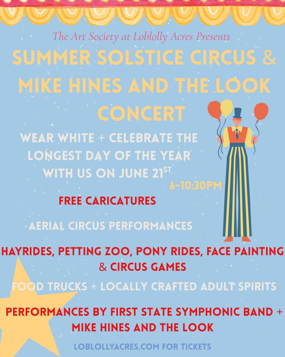 COMING SOON to Loblolly Acres! 🎪 Our First Annual Summer Solstice Circus &amp; Mike Hines and The Look Concert

Wear white, bring a chair and come celebrate the longest day of the year with us! 

🎪 Aerial Circus Performances 

🎪 Circus Games + Gia