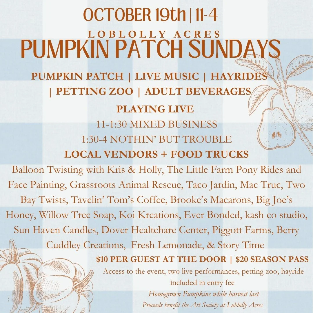 PUMPKIN PATCH SUNDAYS at Loblolly Acres!
This Sunday &amp; Every Sunday in October 11AM - 4PM
Viola, Delaware

🎃 Performing Live this Sunday - Mixed Business 11-1:30 &amp; 1:30 - 4 Nothin' But Trouble

🎃 Hayride tour of the farm to appreciate the s