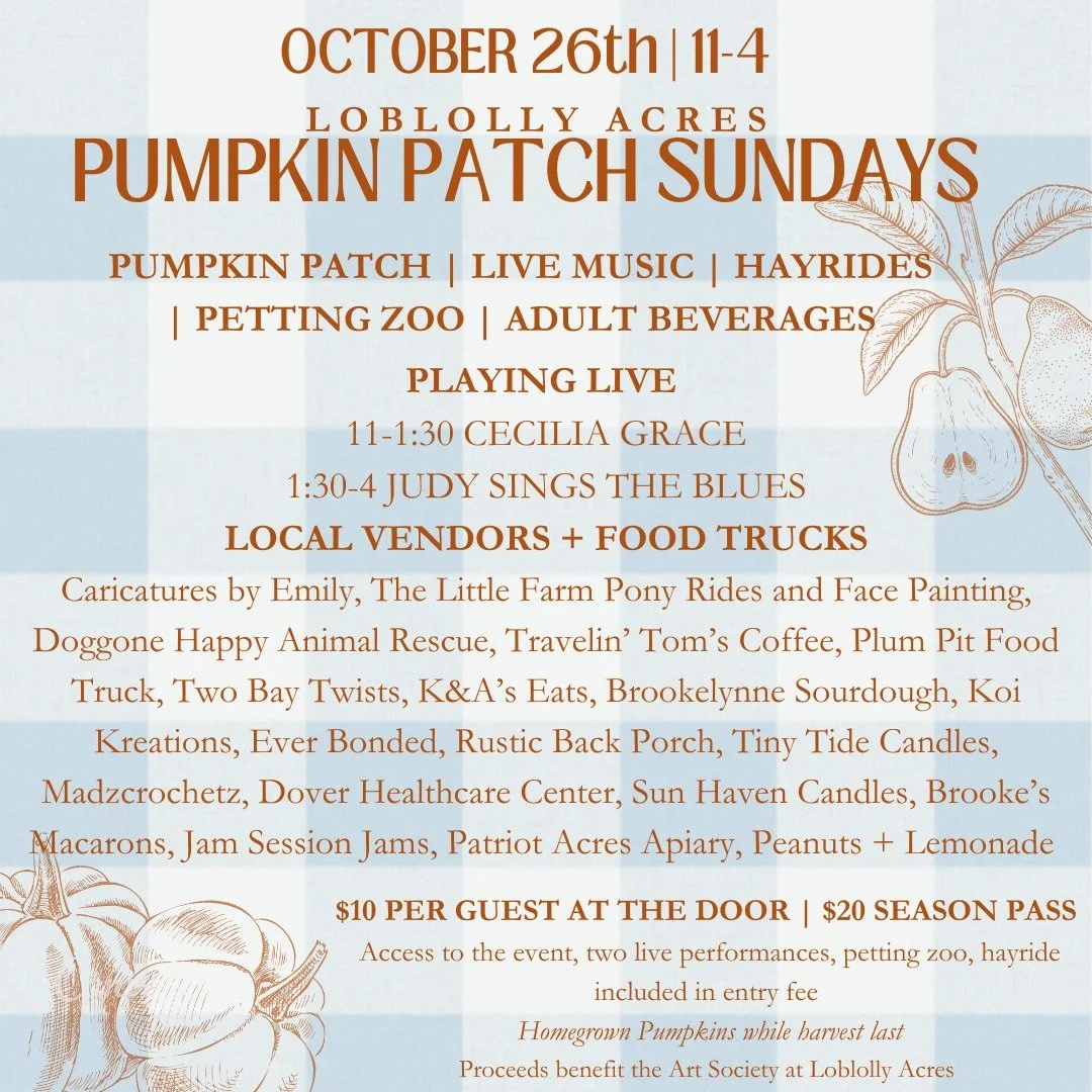 TODAY at Loblolly Acres 🎃 
Our last PUMPKIN PATCH SUNDAY of the season! 
October 26th from 11AM - 4PM

Viola, Delaware
🎃 Performing Live this Sunday - Cecilia Grace  11-1:30 &amp; Judy Sings the Blues  1:30-4

🎃 Tractor tour of the farm to appreci