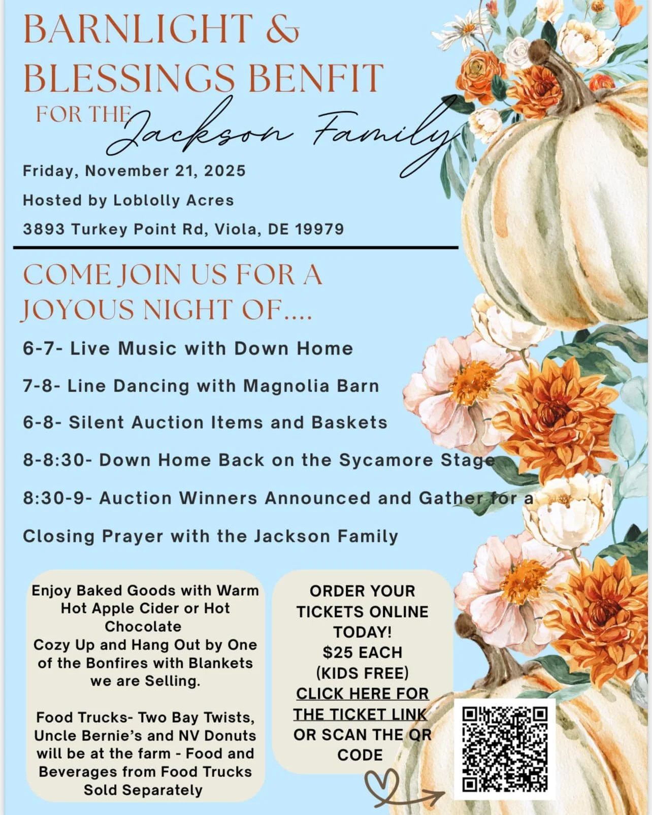 Join us for a Fun Night &amp; a Good Cause 
The Barnlight Blessing and Benefit for the Jackson Family
November 21st | 6-9pm at Loblolly Acres

We&rsquo;re asking for your help to support the Jackson family. Erin and her husband Tom have worked many e