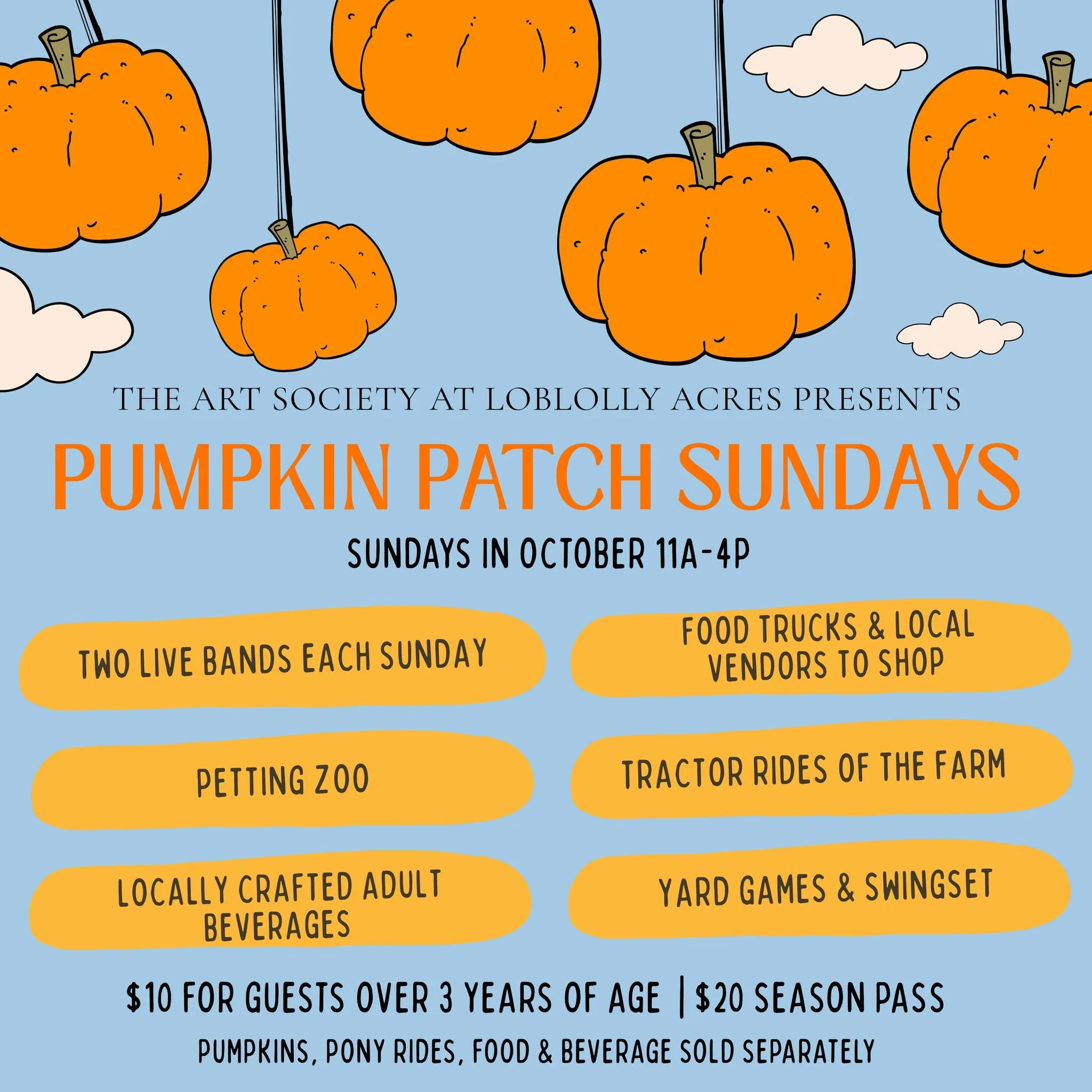 We are not yet ready to say goodbye to summer yet, however, we do look forward to welcoming all these awesome artists and vendors coming to our Pumpkin Patch Sundays! 🎃

Every Sunday in October from 1AM-4PM!