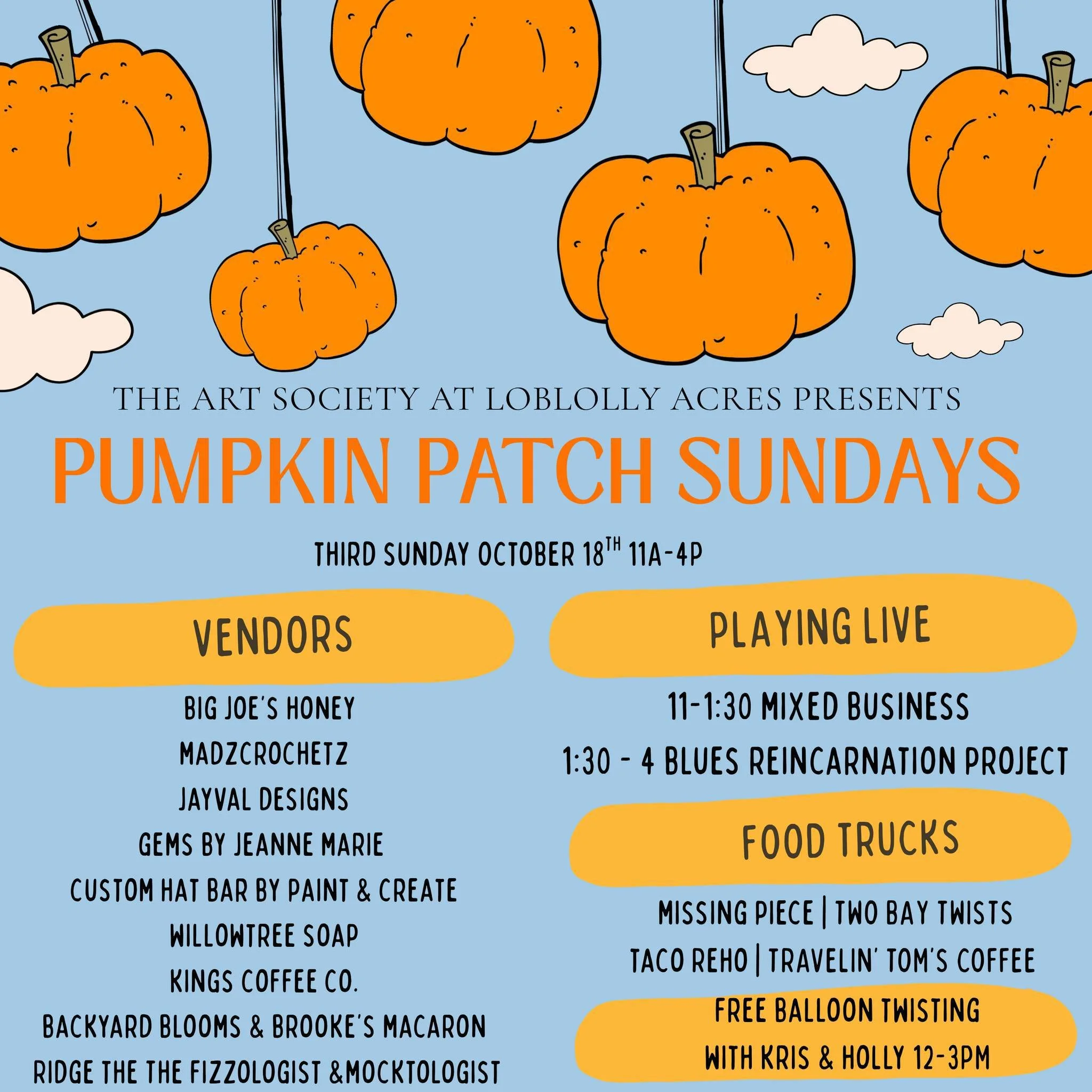 Third time&rsquo;s a charm! 🎃 Let&rsquo;s hope for beautiful weather this Sunday for our Pumpkin Patch Sunday! 

PUMPKIN PATCH SUNDAY 🎃
October 18th from 11 AM&ndash;4 PM | Loblolly Acres 
We&rsquo;re hoping for better weather this Sunday, and we c