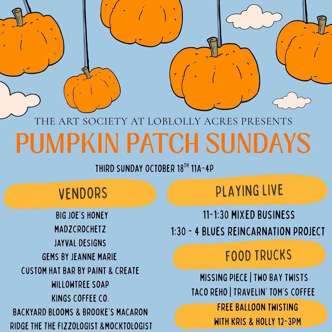 PUMPKIN PATCH SUNDAY 🎃
October 18th from 11 AM&ndash;4 PM | Loblolly Acres 
We&rsquo;re hoping for better weather this Sunday, and we can&rsquo;t wait to welcome you to the farm! 

THIS  SUNDAY ONLY: 
🇺🇸 First Responders, Active Military &amp; Vet