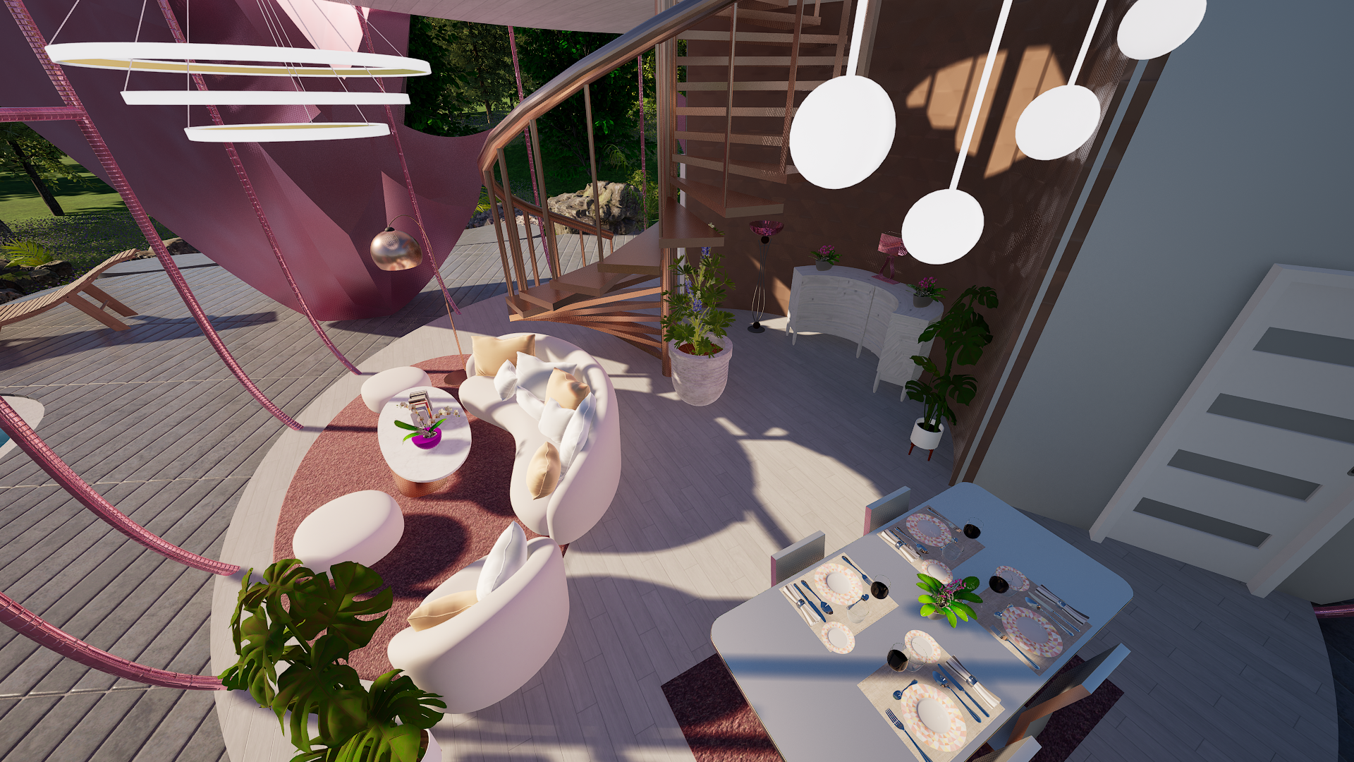 Lounge area inside a Petal Odyssey villa by Debbie Flevotomou Architects, with curved walls and soft pink lighting details.