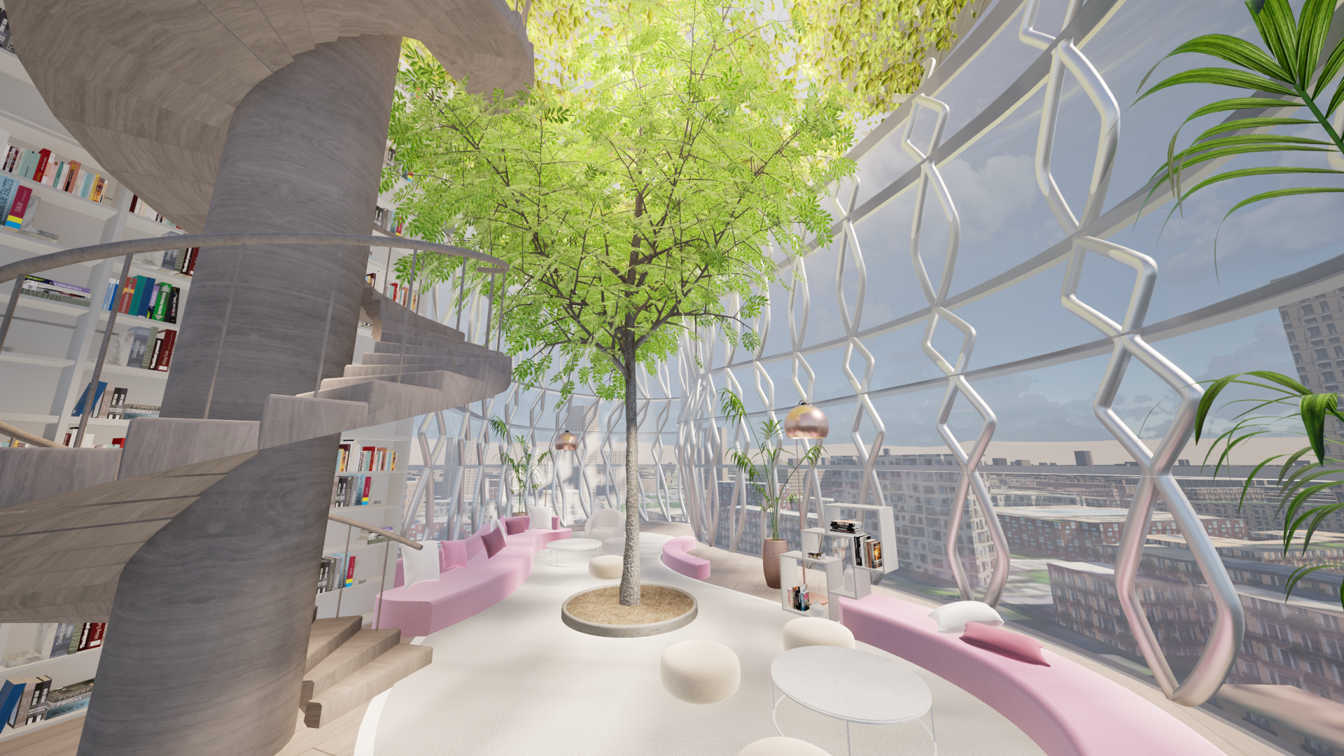 Interior office space in Tower 42, featuring open-plan areas with high ceilings, glass walls, and natural light flooding the workspace