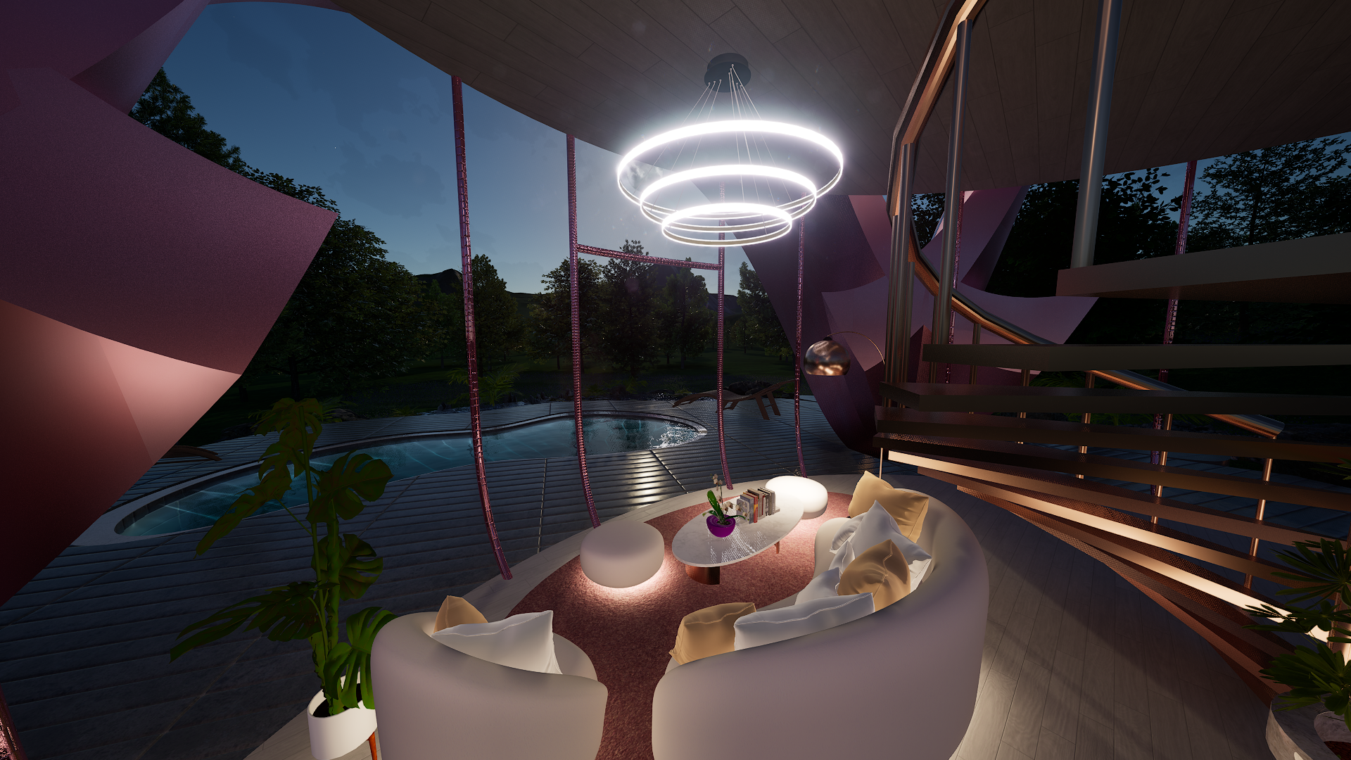 Interior view of the living room in a Petal Odyssey villa by Debbie Flevotomou Architects, looking out toward the private pool