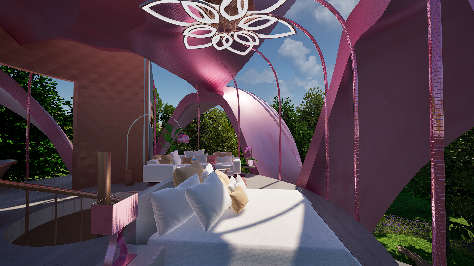 Bedroom interior of a Petal Odyssey villa by Debbie Flevotomou Architects, with petal-shaped ceiling design and sea-inspired tones.