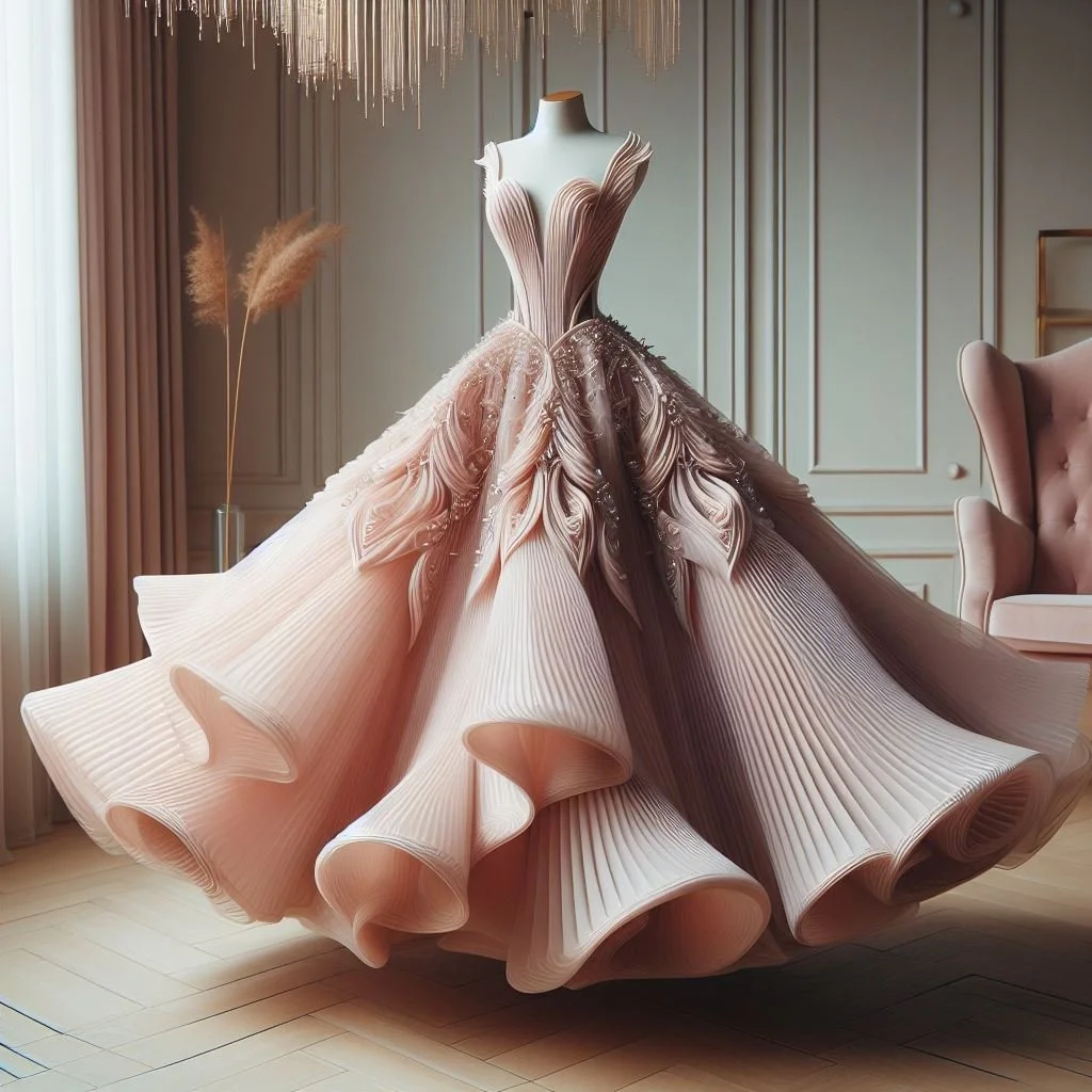 A couture design by Debbie Flevotomou Architects, featuring architectural influences with bold lines and modern silhouettes, embodying structure and elegance.
