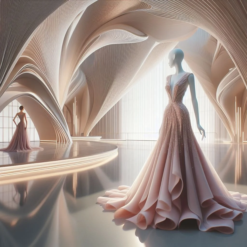 Debbie Flevotomou Architects' architectural-inspired gown, with sleek, geometric shapes and flowing fabrics, bridging the gap between architecture and high fashion.