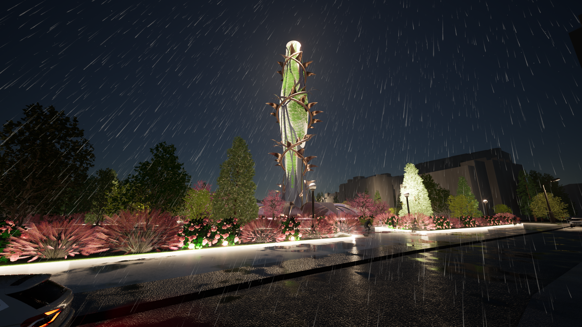 Night view of the Blooming Rose Tower, with the kinetic solar vine illuminated, showcasing the tower’s intelligent design that evolves with the environment, providing a striking visual effect against the dark sky