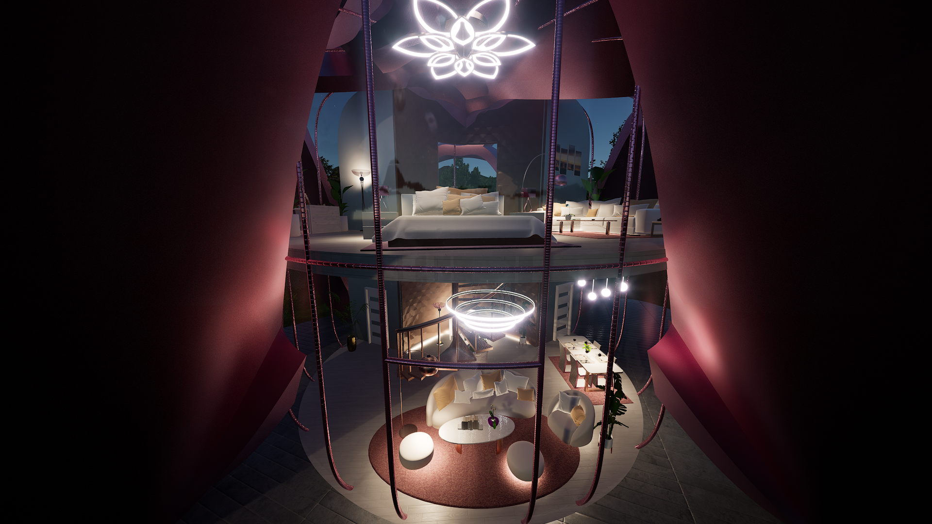 Exterior night view of a Petal Odyssey villa by Debbie Flevotomou Architects, with the opened petals gently framing the softly lit interior;