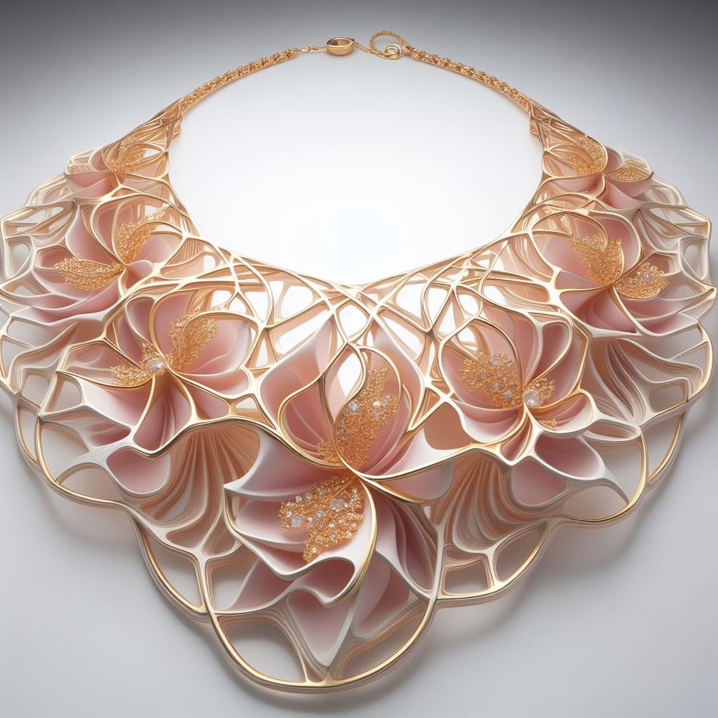 A sculptural necklace designed by Debbie Flevotomou Architects, blending innovative fashion with architectural precision, creating a bold and artistic accessory.