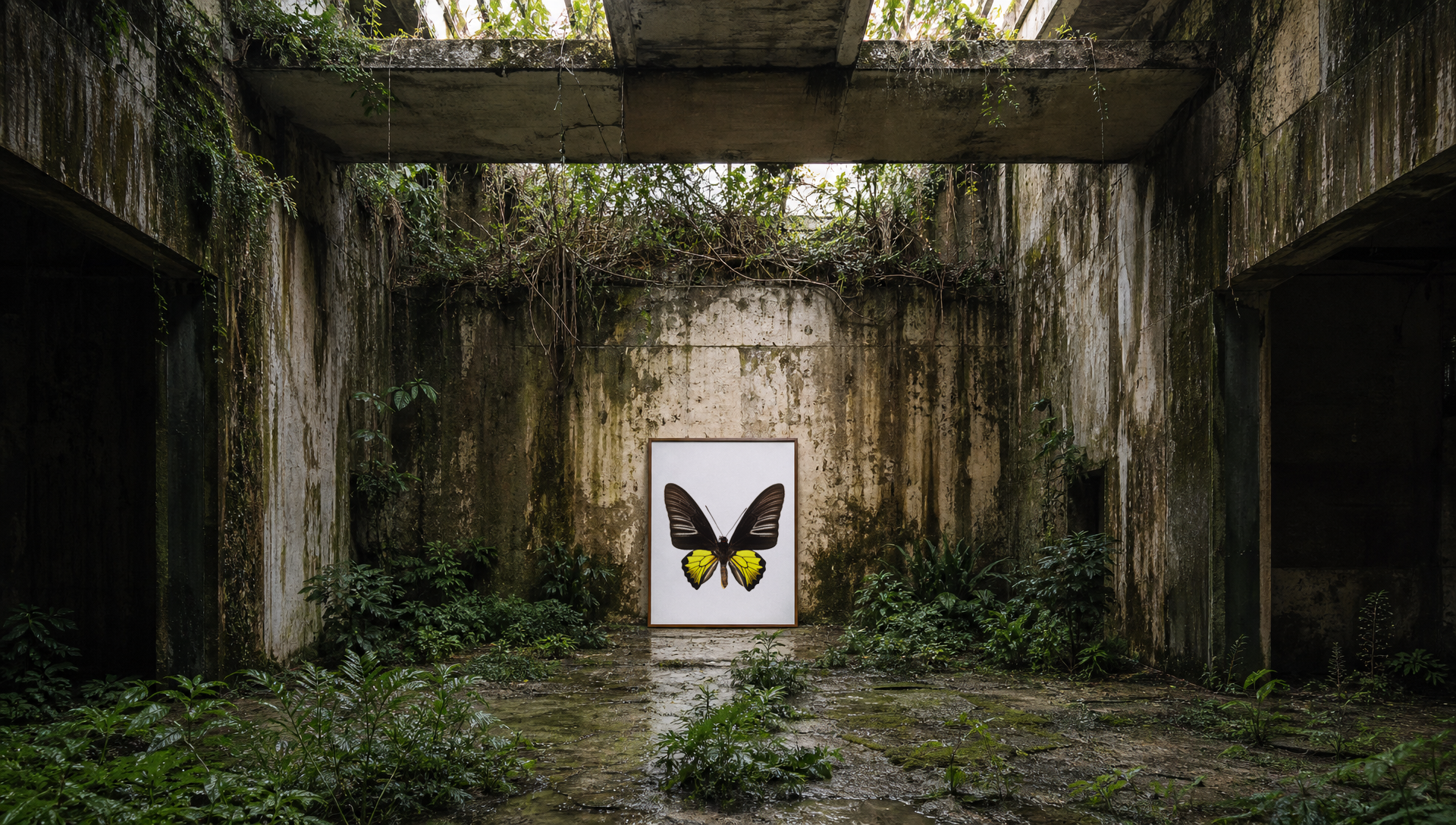 Imagem de uma sala abandonada com paredes de concreto cobertas de musgo e plantas. No centro, há uma pintura de uma borboleta com asas pretas e amarelas, apoiada no chão.