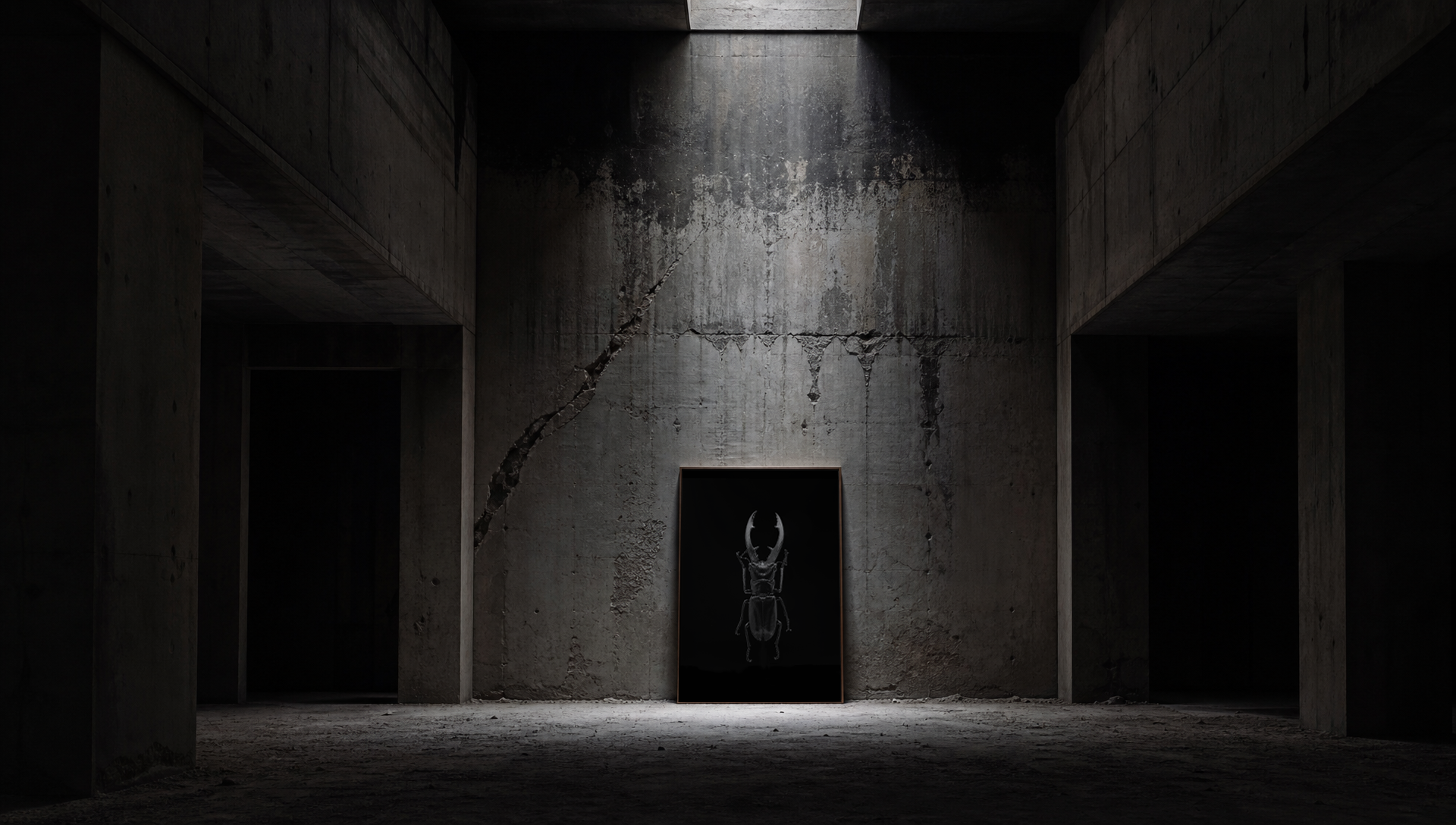 Imagem de um ambiente com paredes de concreto, uma rachadura visível na parede e iluminação acima, destacando uma obra de arte de um besouro emoldurada na parede.
