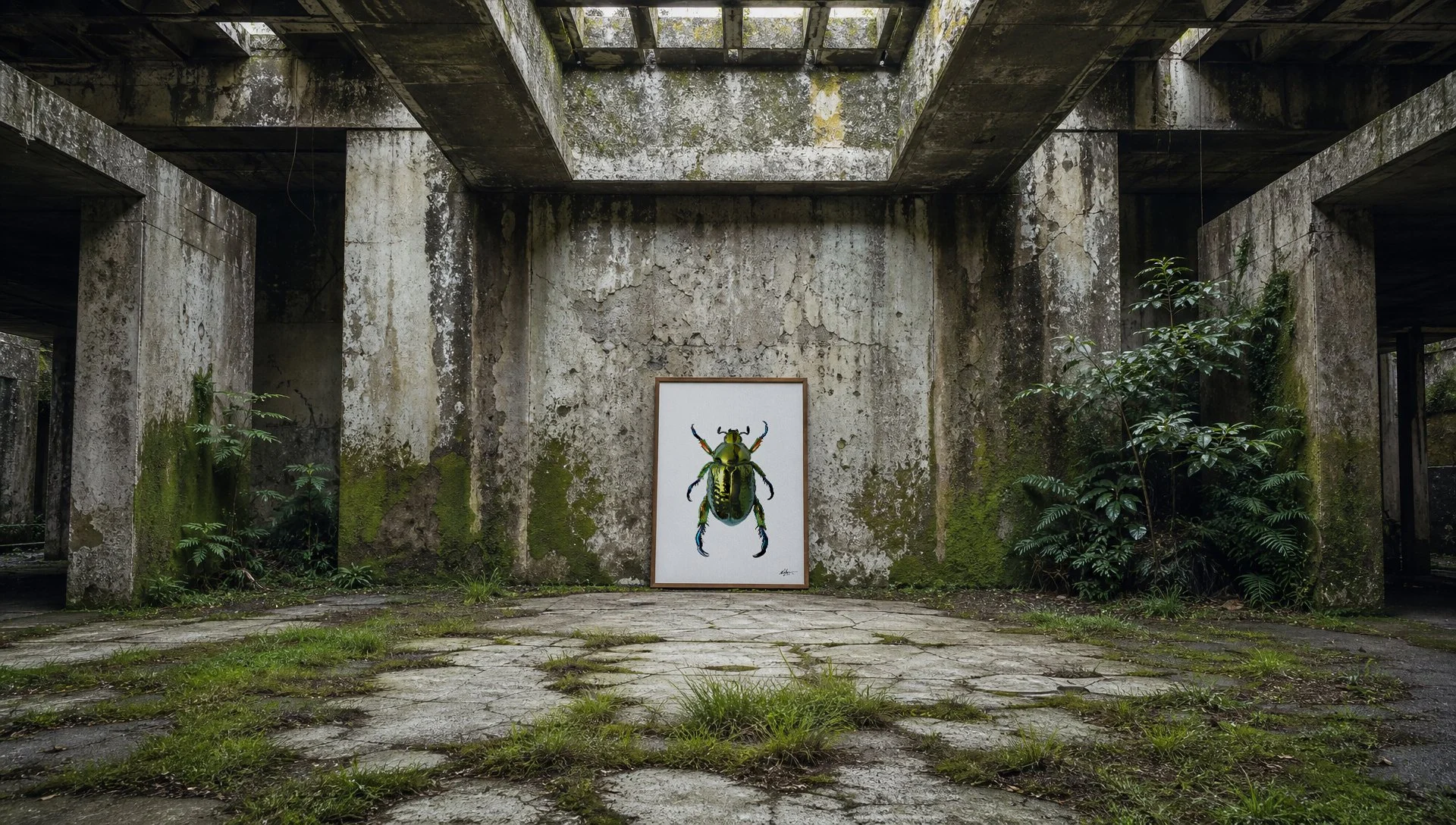 Arte de um besouro verde com detalhes coloridos, em um quadro apoiado contra uma parede de concreto em um ambiente ao ar livre, com vegetação crescendo nas pedras e paredes deterioradas.