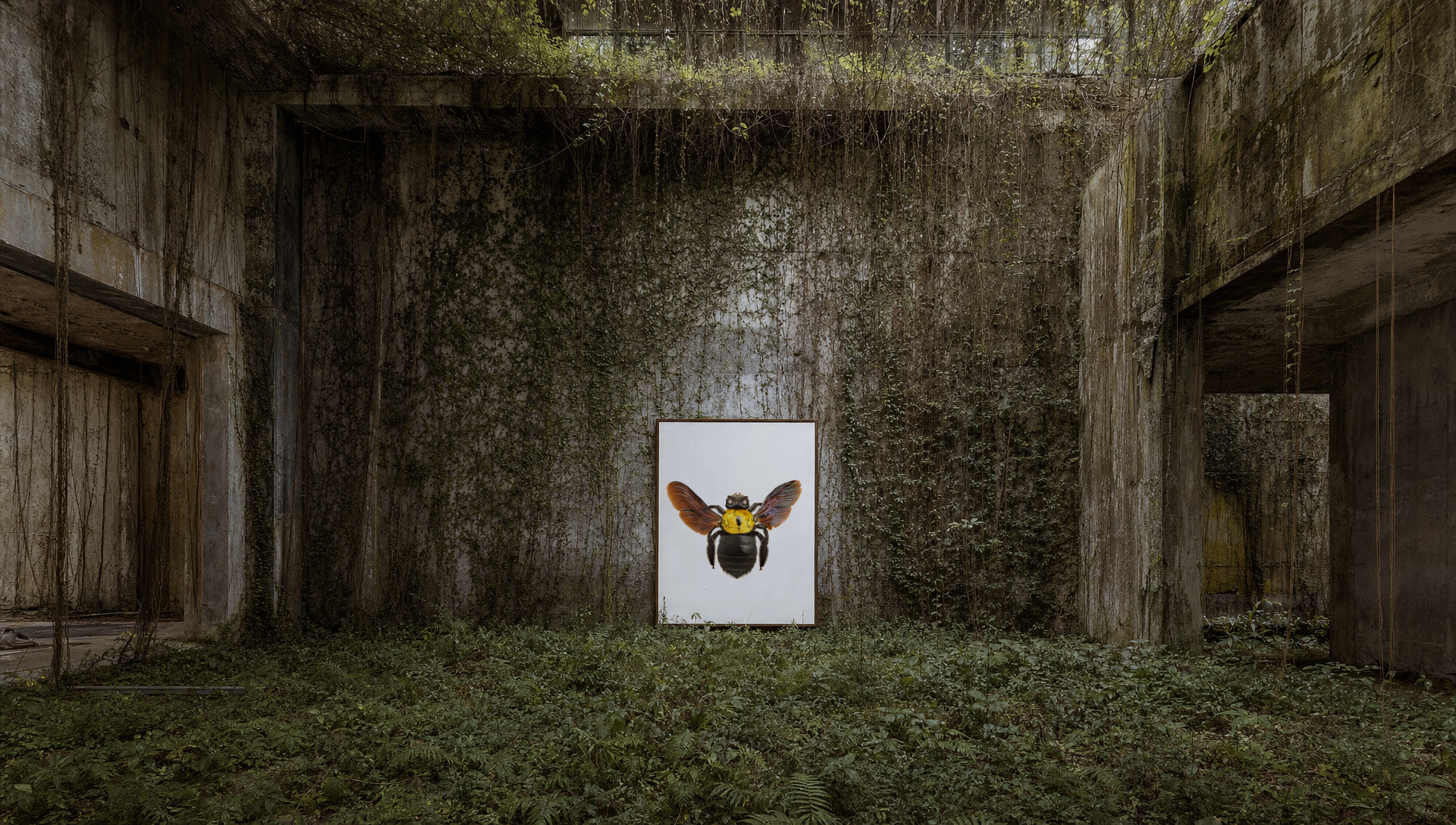 Lugar abandonado com paredes cobertas de plantas e um quadro com uma abelha estilizada ao centro.