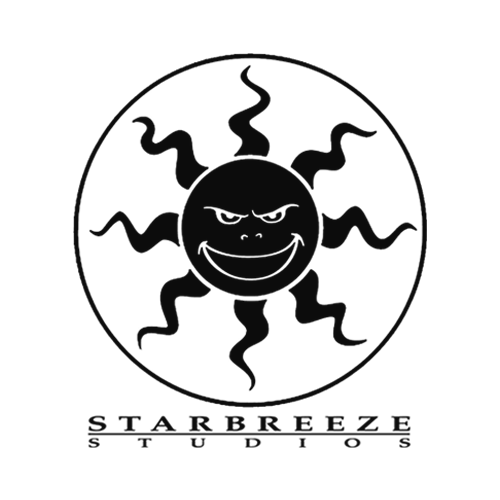 A dark logo featuring a smiling, mischievous sun with narrowed eyes and a crooked grin, surrounded by wavy rays. The logo includes the text "STARBREEZE STUDIOS" underneath.