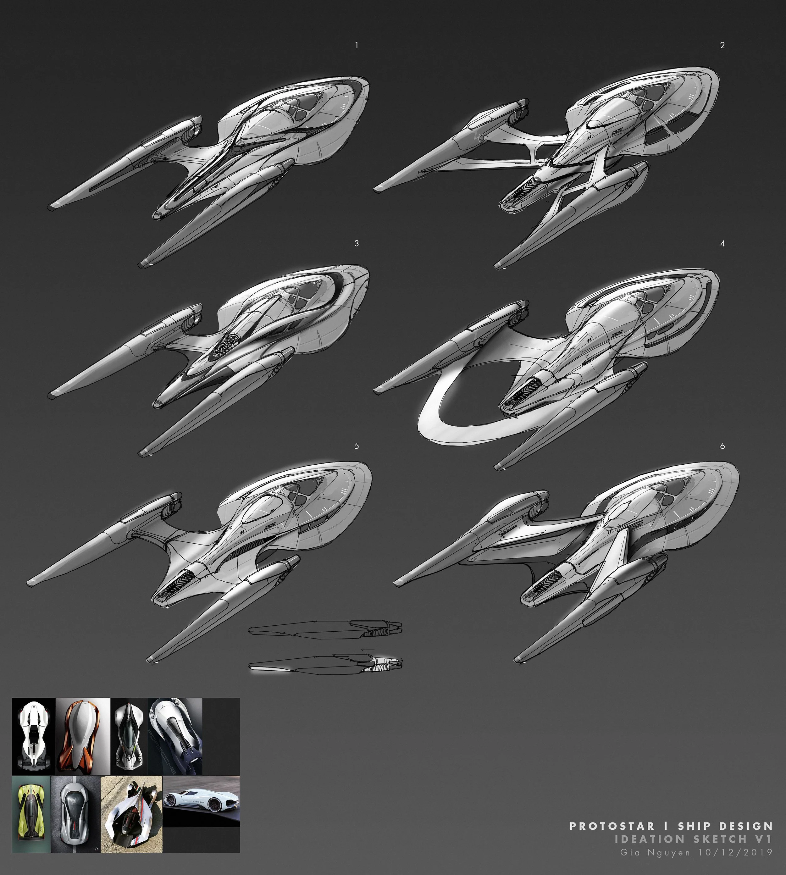 Design sketches and concept art of futuristic spacecrafts, including multiple views and color variations, with smaller images of real cars and vehicles at the bottom left corner. Title indicates it's a ship design project by Gia Nguyen, dated 10/12/2019.