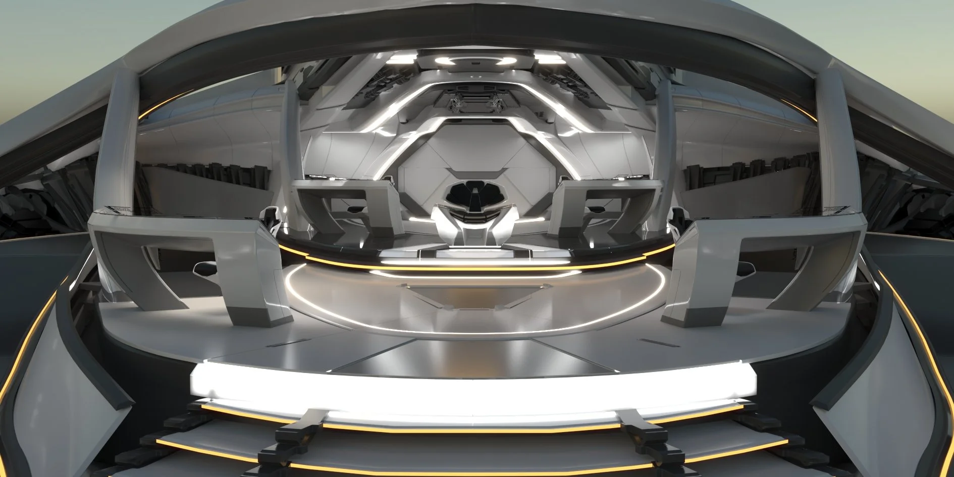 Futuristic spaceship interior with sleek white design, illuminated with white and yellow lights, featuring a central command area and seating.