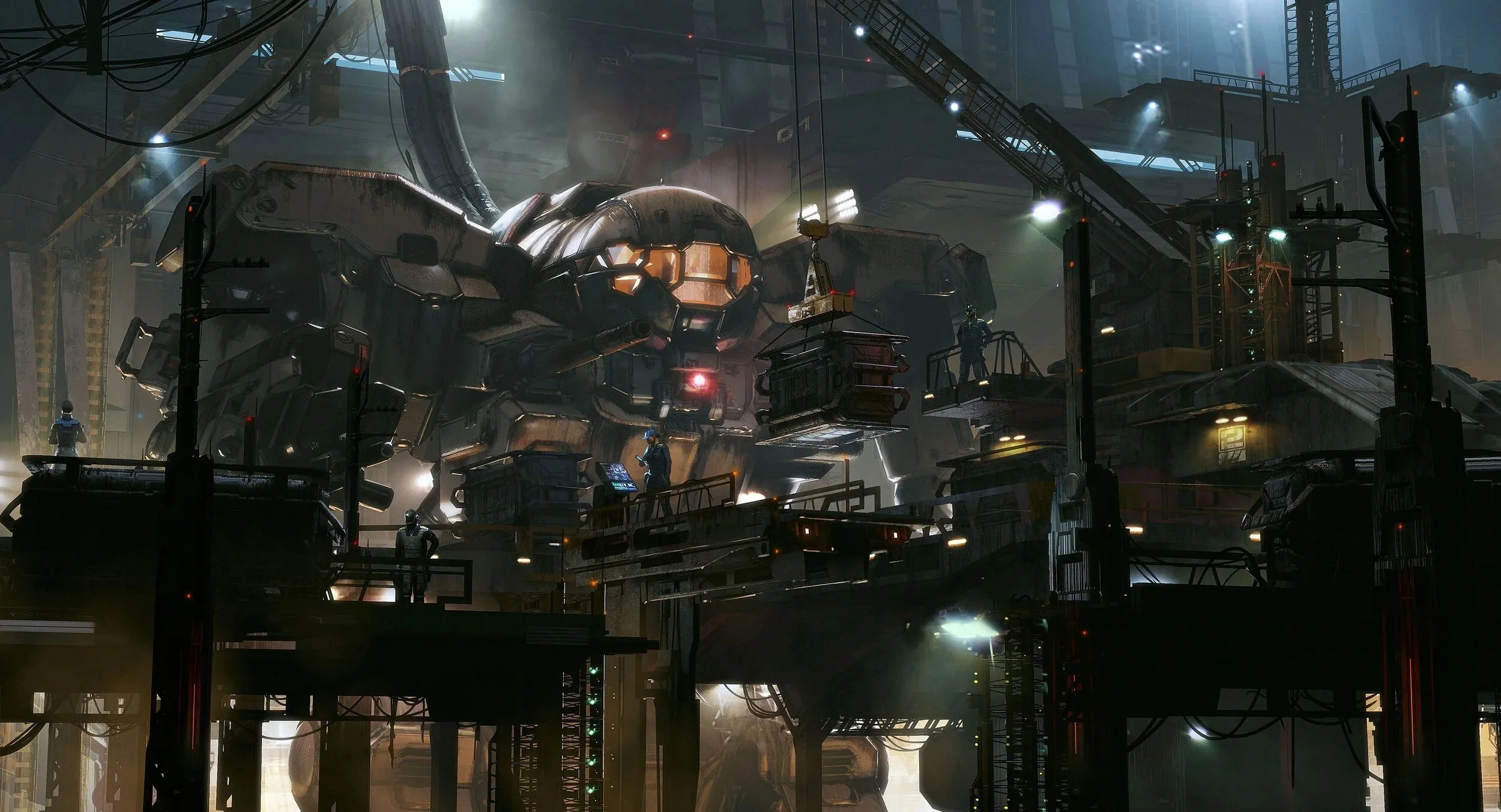 A large futuristic factory or spaceship hangar with a massive spaceship being assembled or maintained. Several workers and robots are present, with scaffolding, cranes, and industrial equipment visible. The scene is illuminated with bright and dim lighting, creating a moody atmosphere.