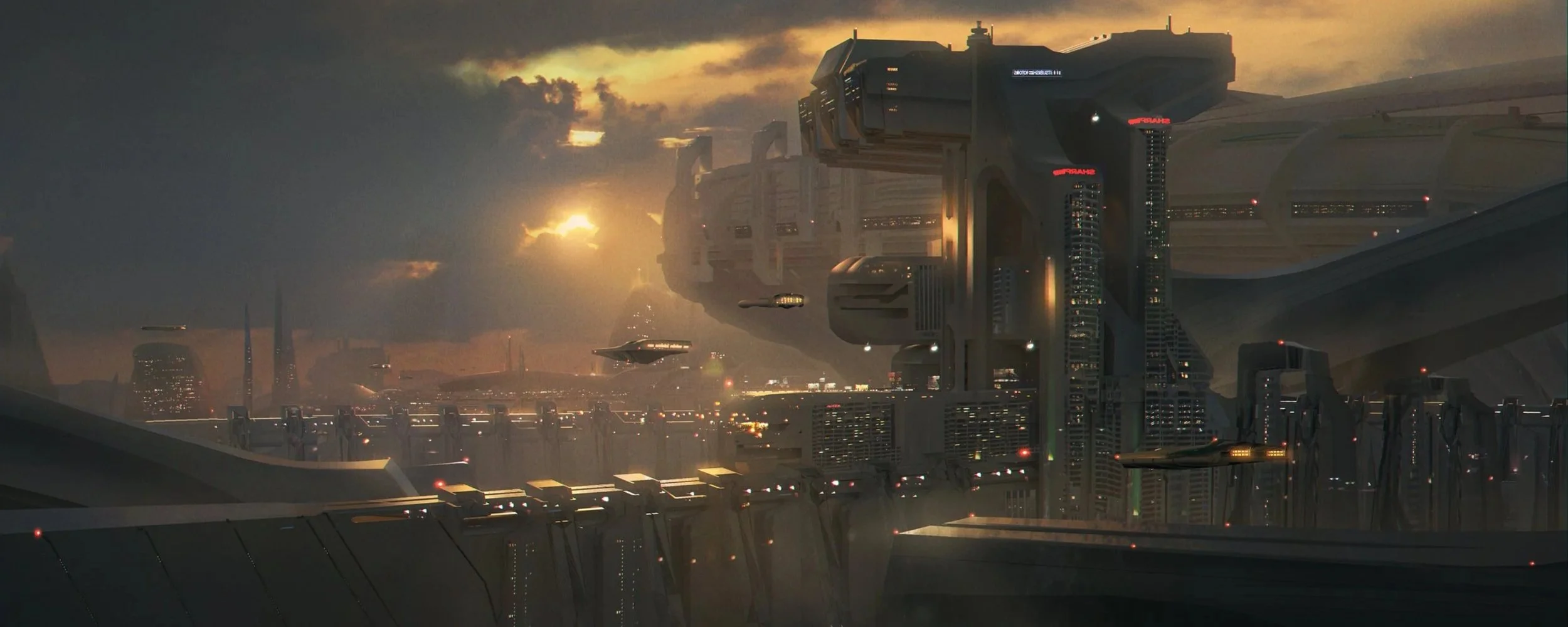 A futuristic cityscape during sunset with tall skyscrapers, flying vehicles, and advanced structures.