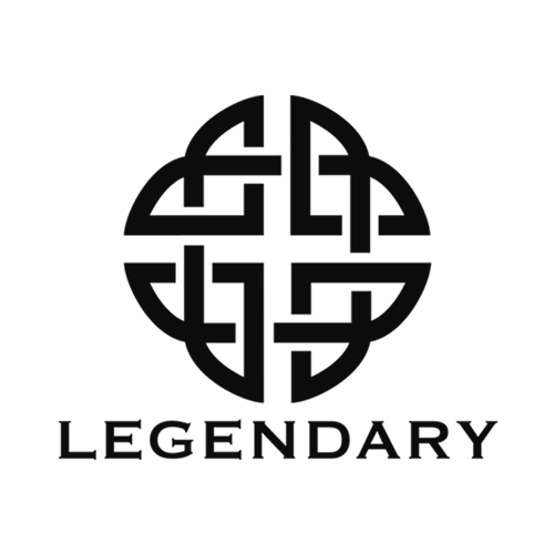 A black and white logo featuring a stylized circular design with interconnected lines, and the word 'LEGENDARY' underneath.