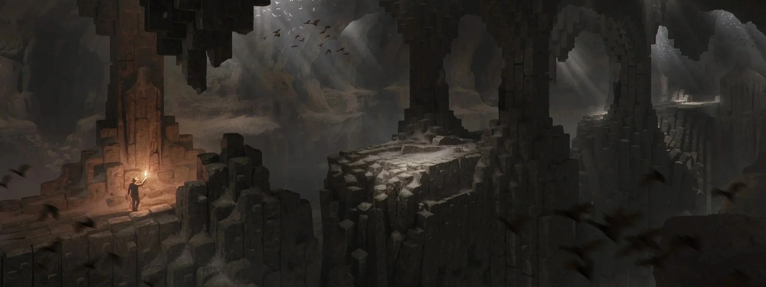 A person holding a torch inside a large, dark underground cavern with steps and stone formations, with light rays shining through openings in the ceiling.