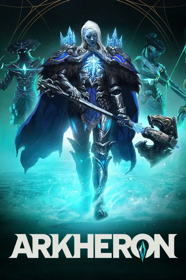 A fantasy illustration of a regal, icy-blue armored figure with a staff and a large hammer, surrounded by mystical, otherworldly characters, with the title 'ARKHEON' at the bottom.