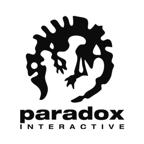 Dark logo featuring a stylized, abstract skull and gear shape with the words "paradox interactive" underneath.