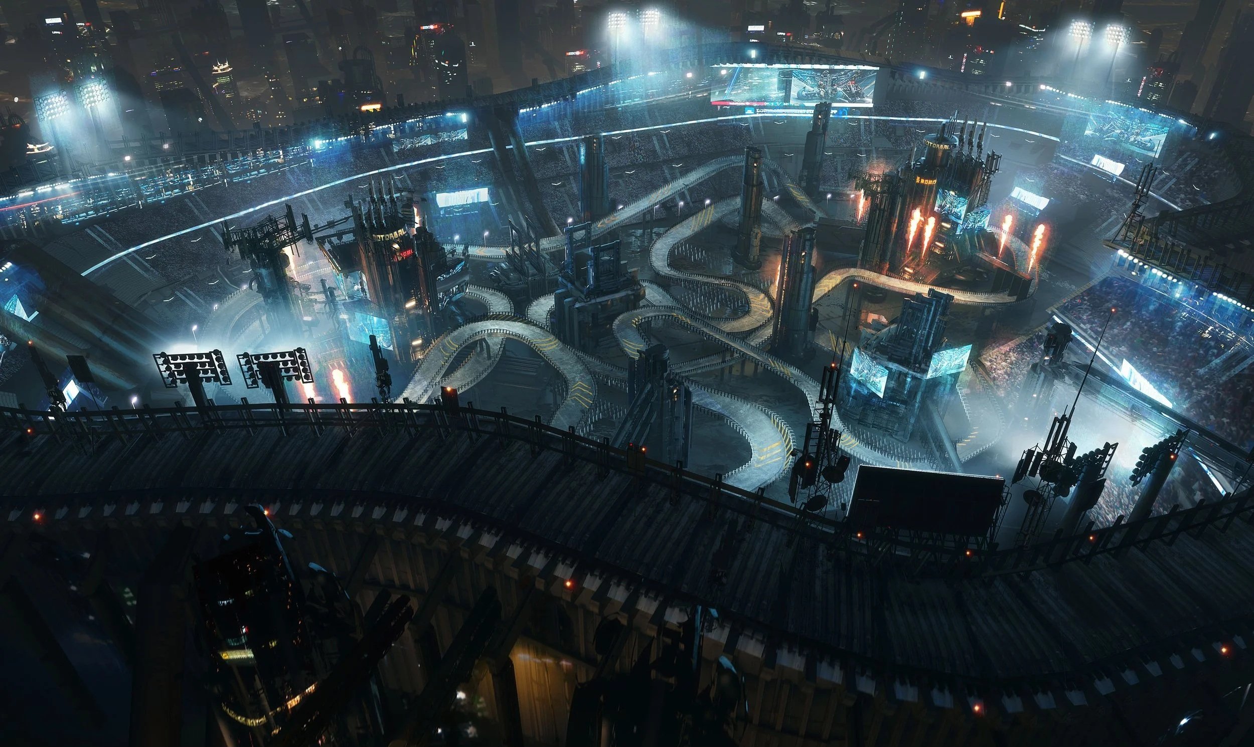 A futuristic cityscape at night with tall illuminated skyscrapers and a large circular structure in the foreground featuring winding ramps and multiple levels.