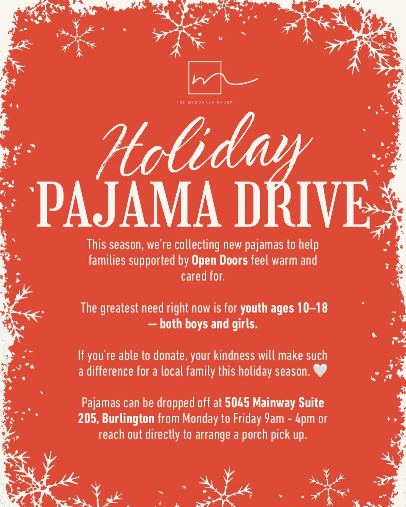 Holiday Pajama Drive 🎁

I&rsquo;m so grateful to be supporting @opendoorsburlington this season as they continue their incredible work helping local families feel supported, seen, and cared for.

We&rsquo;re collecting new pajamas for local families
