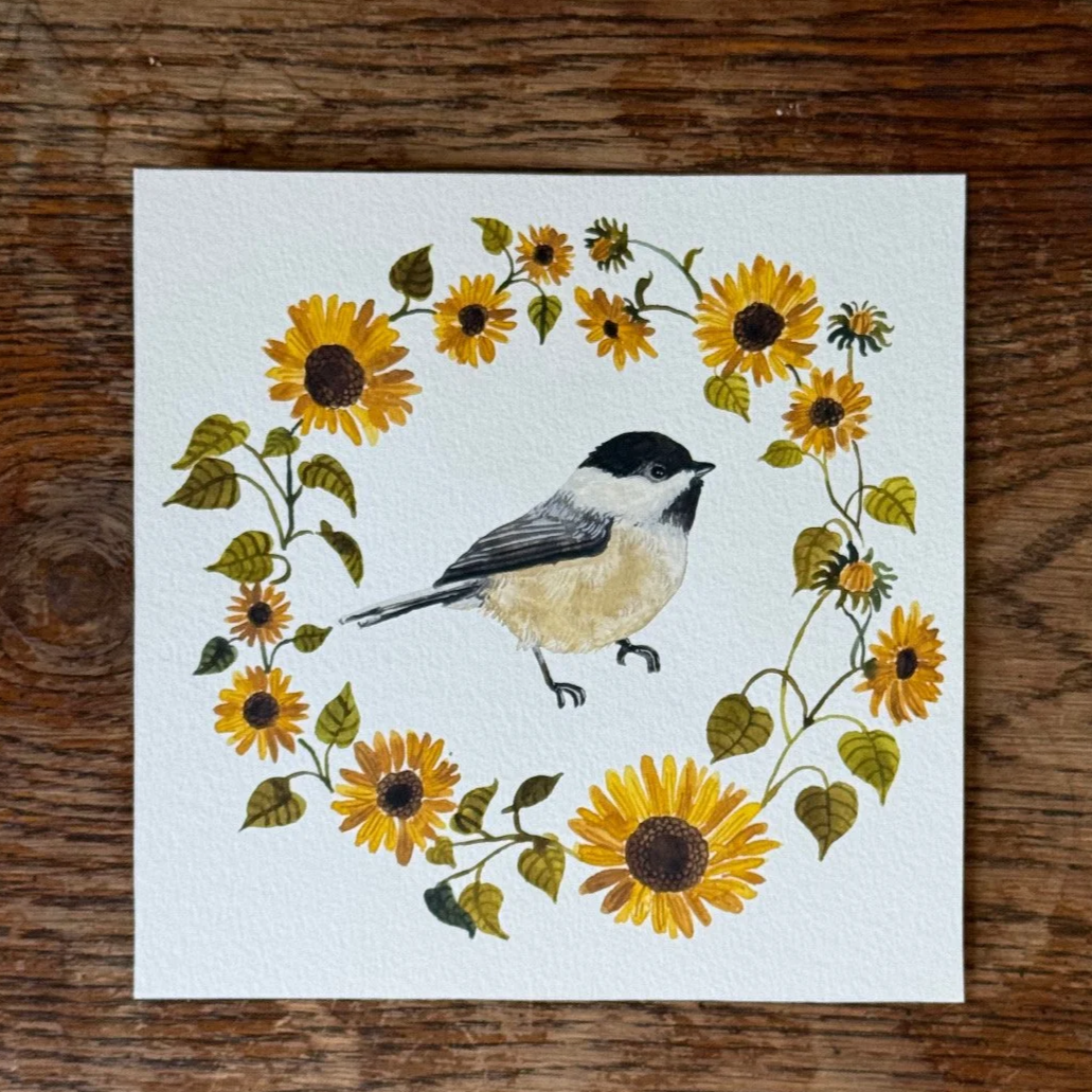 Chickadee & Sunflowers - Original Watercolor Painting