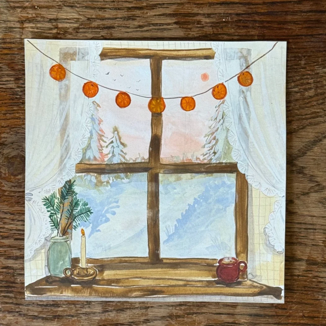 December Window View - Original Mixed Media Painting