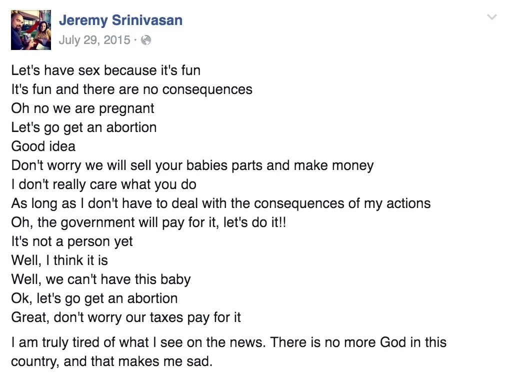 A 2015 FACEBOOK POST FROM JEREMY SRINIVASAN (SOURCE: FACEBOOK)