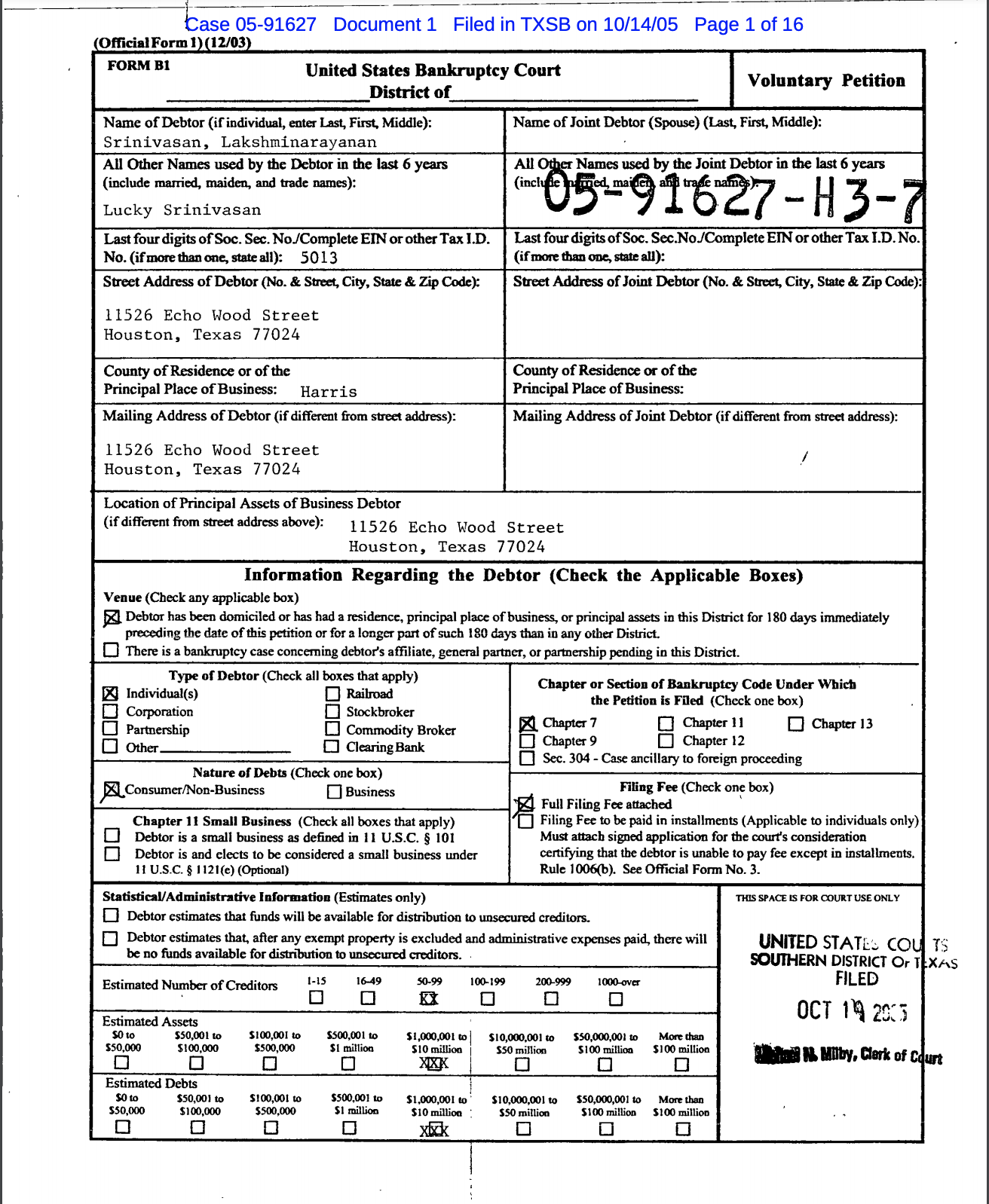 LUCKY SRINIVASAN’S 2005 BANKRUPTCY FILING IN SOUTHERN DISTRICT OF TEXAS