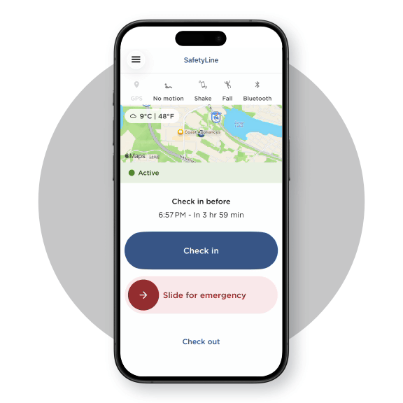 ideo of the SafetyLine app showing a worker opening the safety settings and turning on GPS breadcrumbs, no‑motion detection, shake‑for‑emergency, and fall detection.