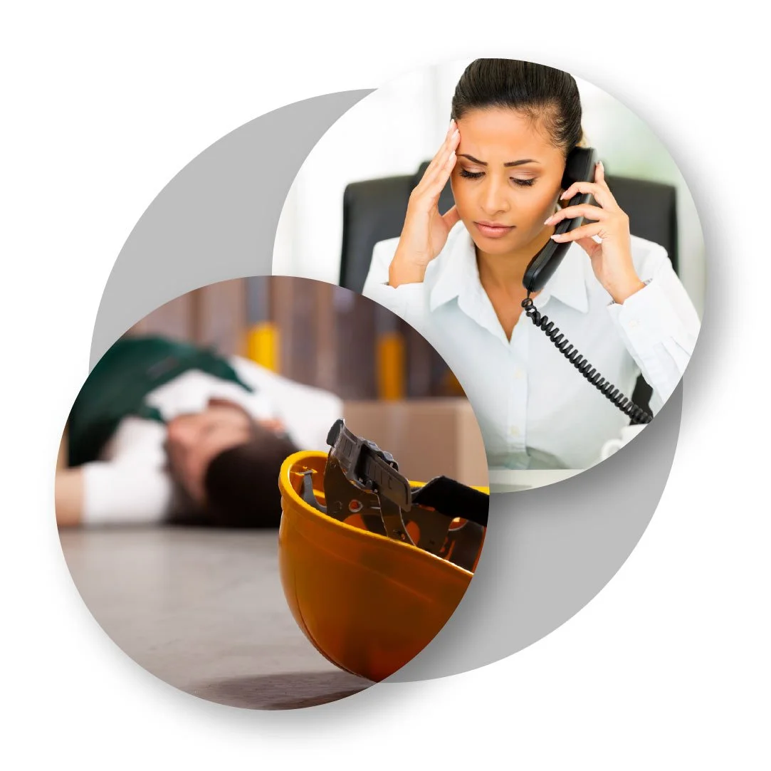 Image showing a fallen worker with a hard hat on the ground and a responder on the phone, illustrating how SafetyLine alerts monitors and enables HELP messages when a satellite user misses a check‑in.