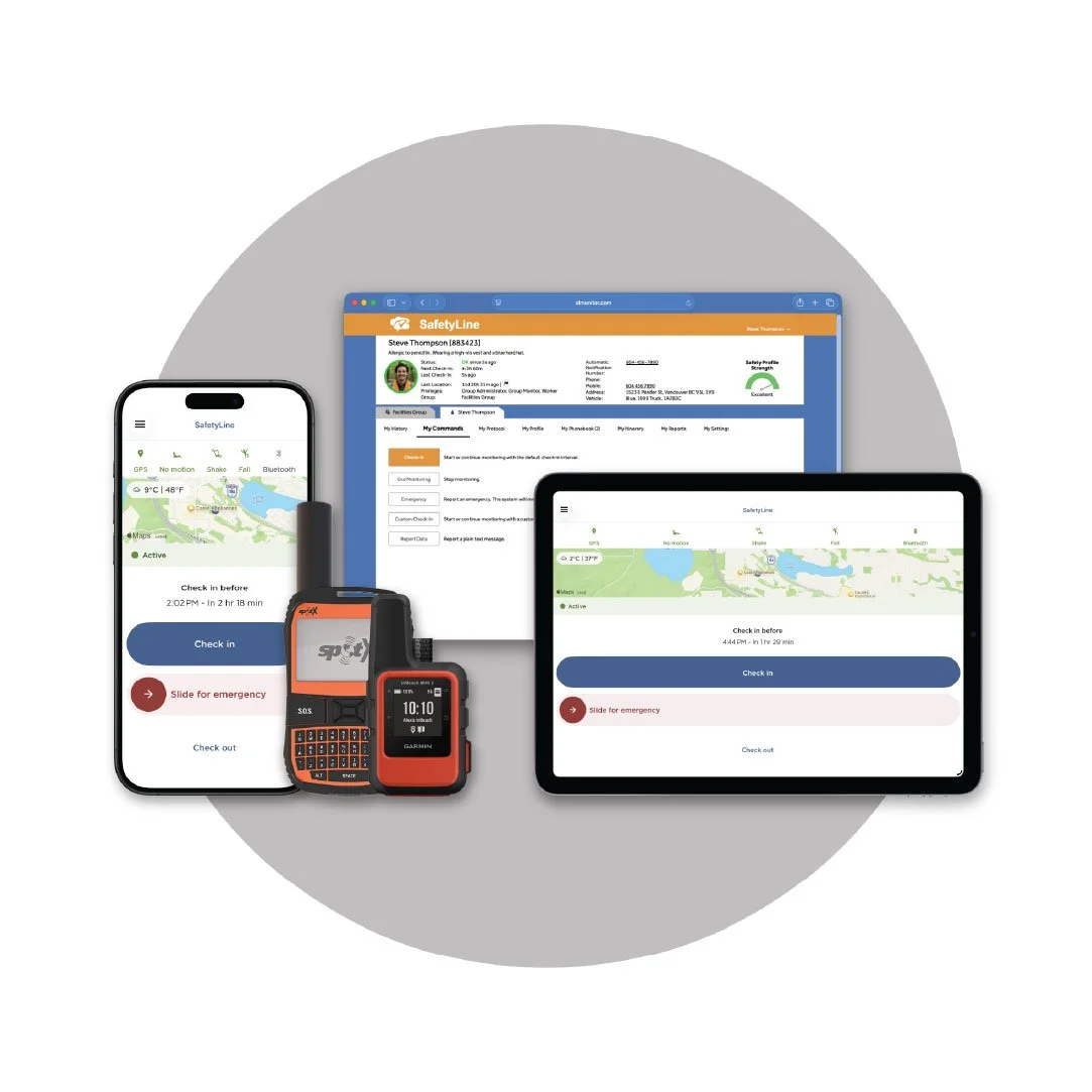 Lineup of all SafetyLine‑compatible devices, including smartphones, tablets, computers, and satellite messengers.