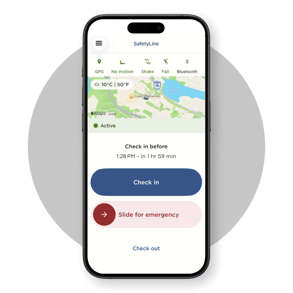 Video of the SafetyLine mobile app showing a worker changing the check‑in interval to a 15‑minute high‑risk setting and leaving a detailed check‑in message.