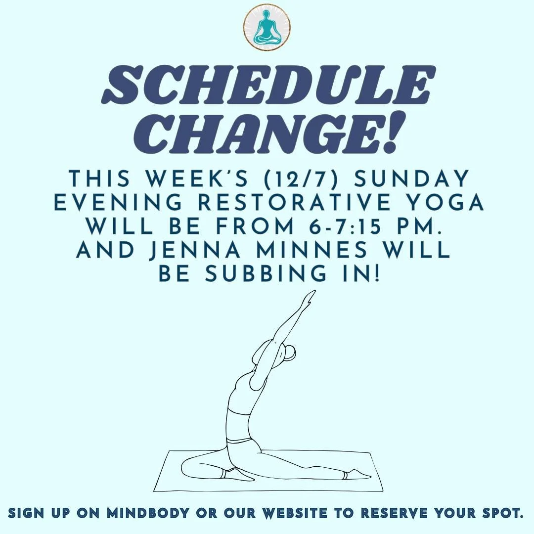 This week only, our Sunday evening Restorative Yoga class will begin at 6 pm instead of 5 pm. And the lovely Jenna Minnes will be teaching this week! This class will go back to its usual time slot next week. 🙏

✨Sign up for classes on the MINDBODY a