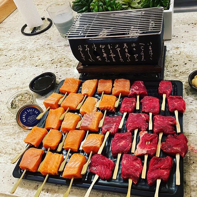 Back in the day my awesome landlord @cmoates hosted an incredible party! I wasn&rsquo;t invited, but thankfully, Humble Salt was. ~1st pic~ King Salmon &amp; TX Wagyu Strip on a stick seasoned with that Humble Salt then seared on a yakitori grill &lt