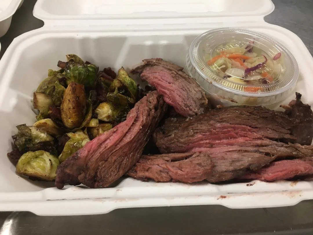 Grilled Steak with Apple Slaw and Balsamic Bacon Brussels Sprouts