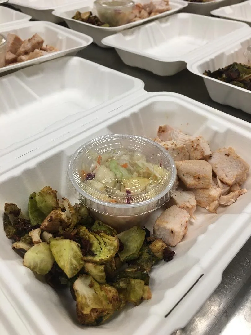 Grilled Chicken with Apple Slaw and Balsamic Bacon Brussels Sprouts
