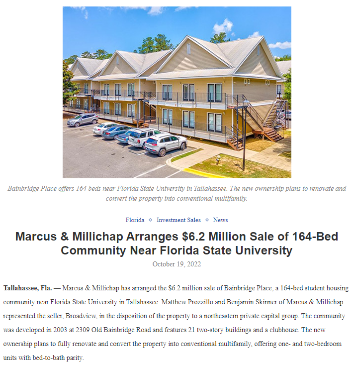 SP Multifamily Group of Marcus Millichap Florida, announces the sale of Bainbridge Place Student Living
