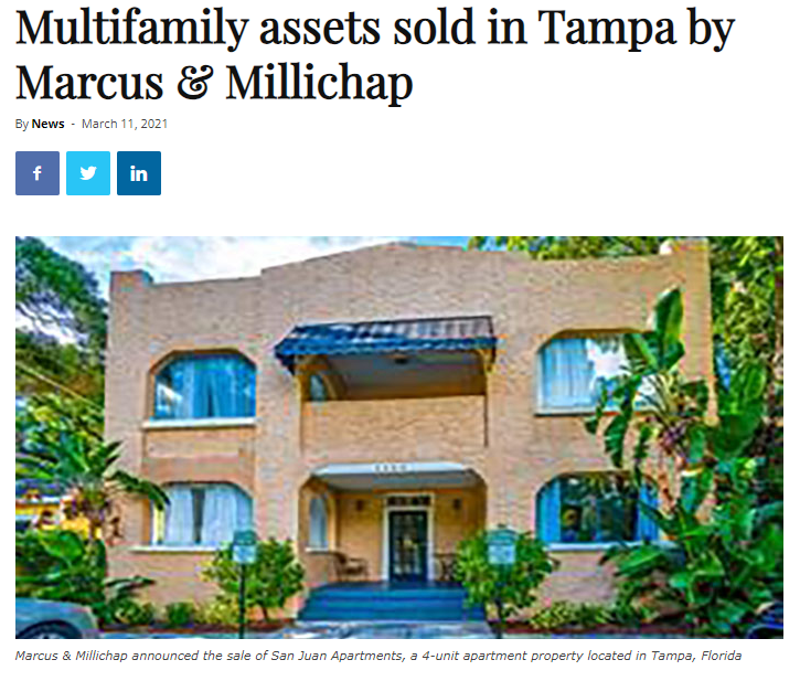 SP Multifamily Group of Marcus Millichap Sells San Juan Multifamily Apartments in South Tampa, Florida