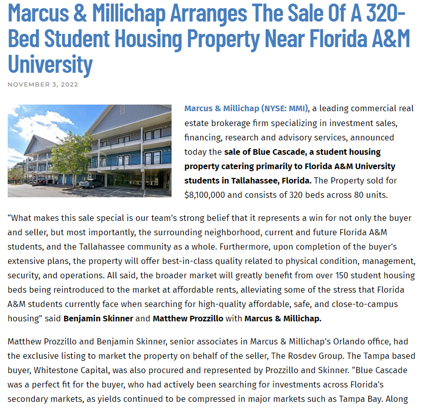 SP Multifamily Group of Marcus Millichap Florida, announces the sale of Blue Cascade Student Living
