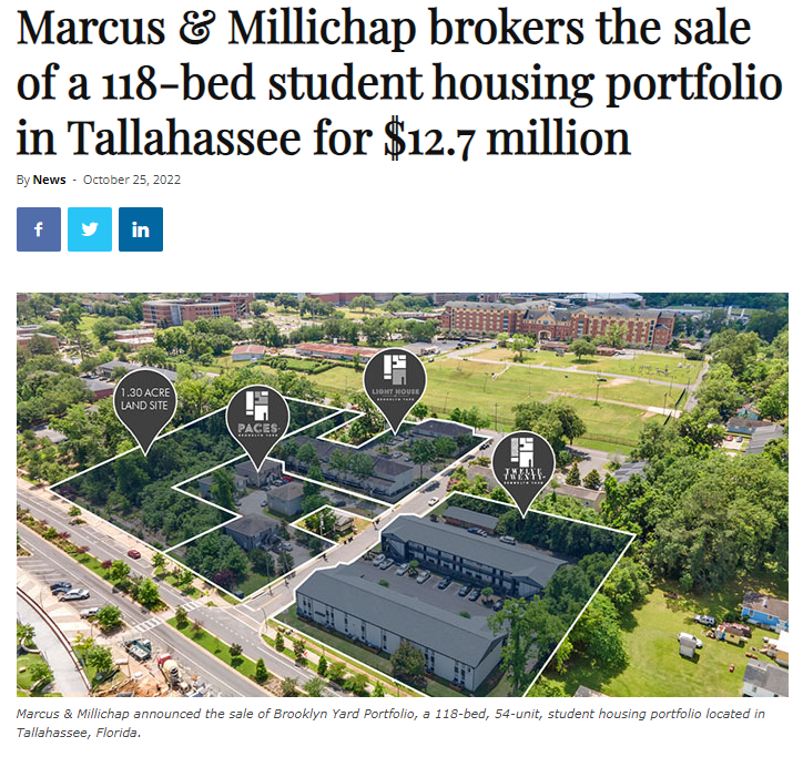SP Multifamily Group of Marcus Millichap Florida, announces the sale of the Brooklyn Yards Portfolio, a student housing multifamily property portfolio located in Tallahassee, FL 